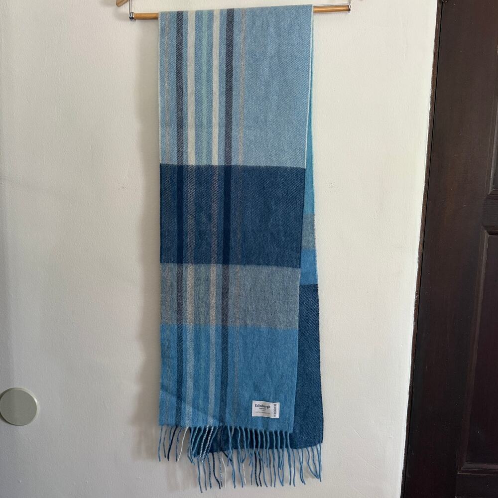 Vintage Edinburgh Baby Blue Plaid Lambswool Classic Scarf with Fringe